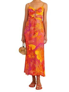 NWT Farm Rio Summer Garden Ombre Midi Dress L Pink Orange MSRP $255